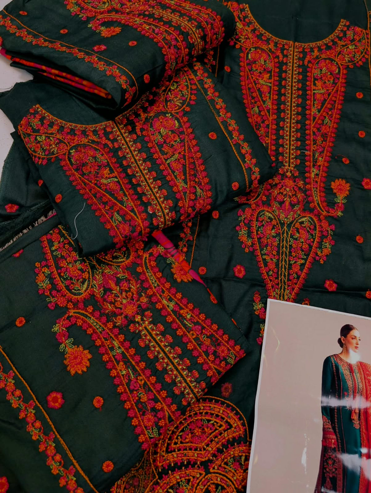 Winter 3 pcs artical 2027 Brand Name Hussain Rehar Dhanak Full emb Front Back and sleeves Emb Trouser Plain Dhanak Emb Printed Woolen Shawl