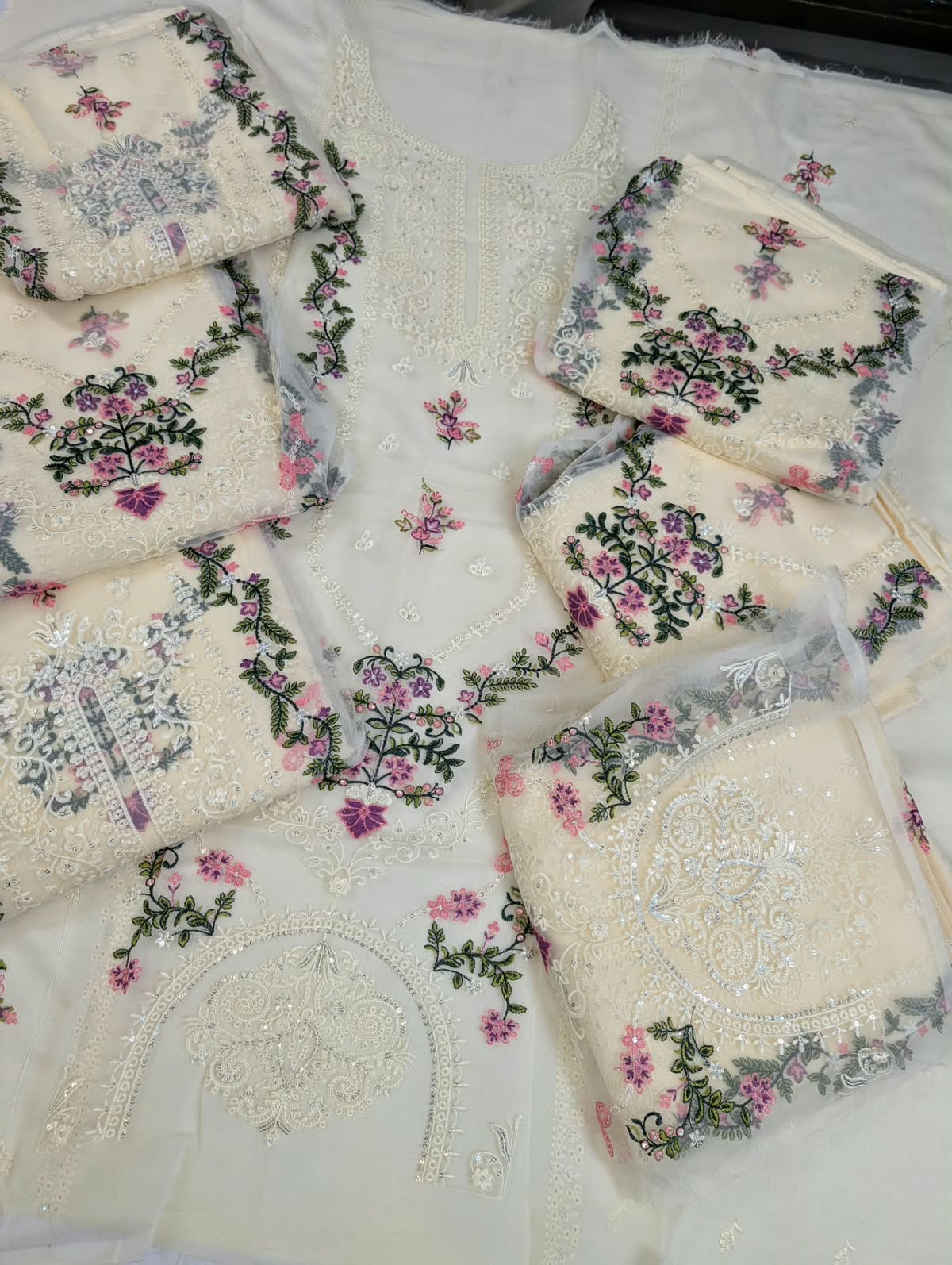 Winter 2pcs artical 2027 Brand Name Ethnic Dhanak Full emb Front Along with Center Emb Patch Sleeves and Back  Emb Trouser Plain