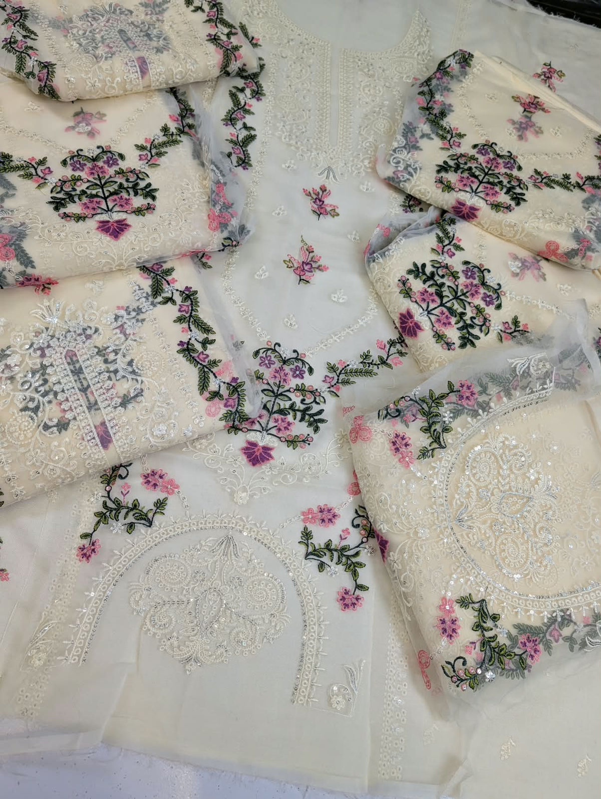 Winter 2pcs artical 2027 Brand Name Ethnic Dhanak Full emb Front Along with Center Emb Patch Sleeves and Back  Emb Trouser Plain